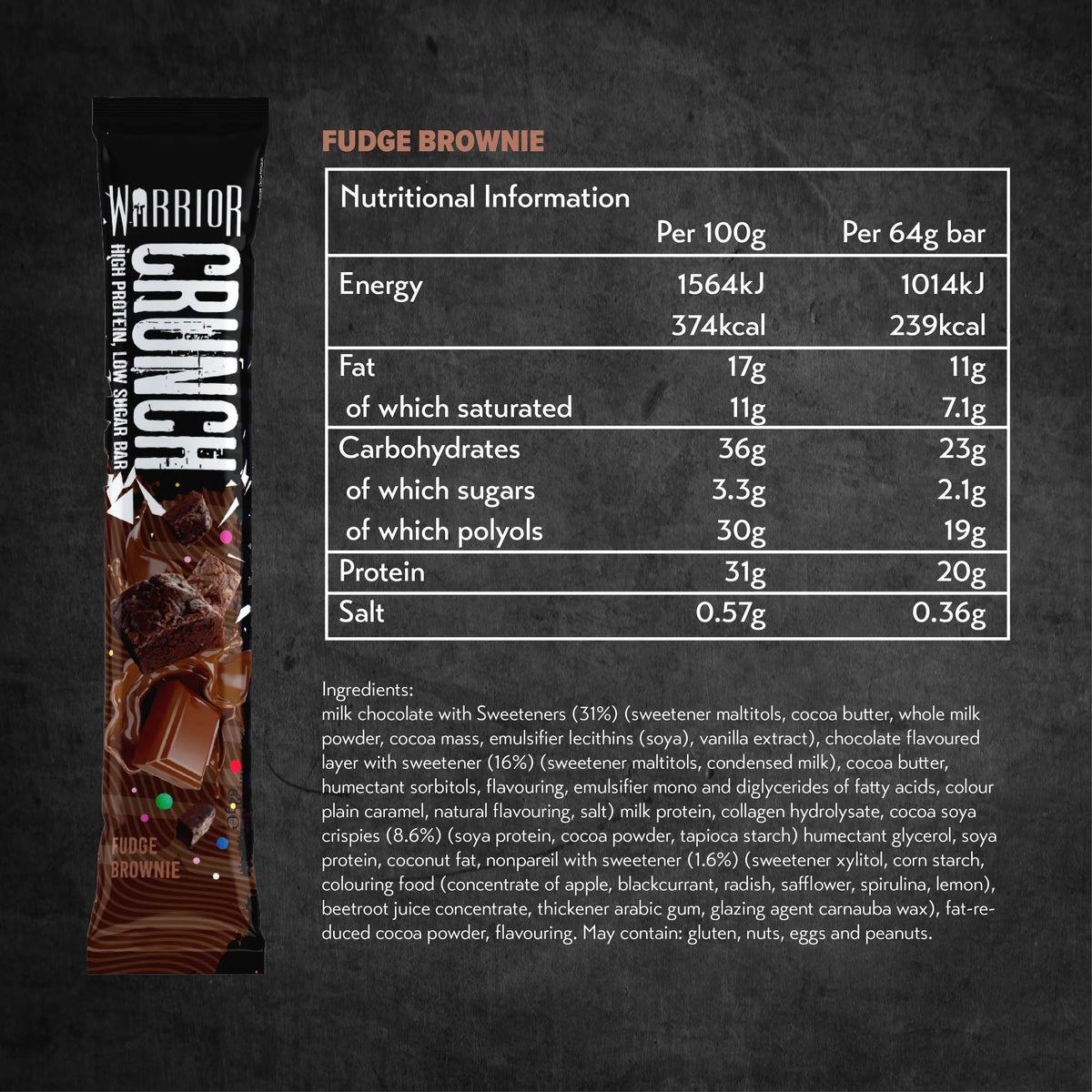 Warrior Crunch protein bar Fudge Brownie nutrition facts panel — 20g protein, 2.1g sugar per 64g bar