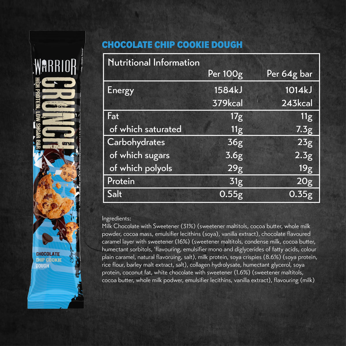 Warrior Crunch protein bar Chocolate Chip Cookie Dough nutrition facts panel — 20g protein, 2.3g sugar per 64g bar