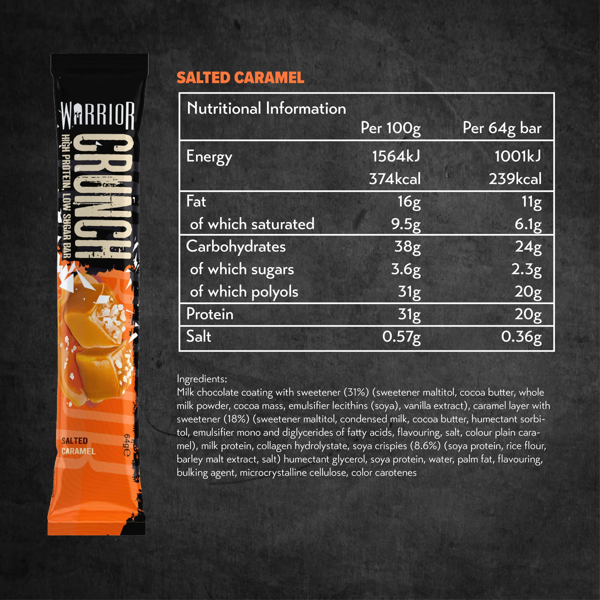 Warrior Crunch protein bar Salted Caramel nutrition facts panel — 20g protein, 2.3g sugar per 64g bar