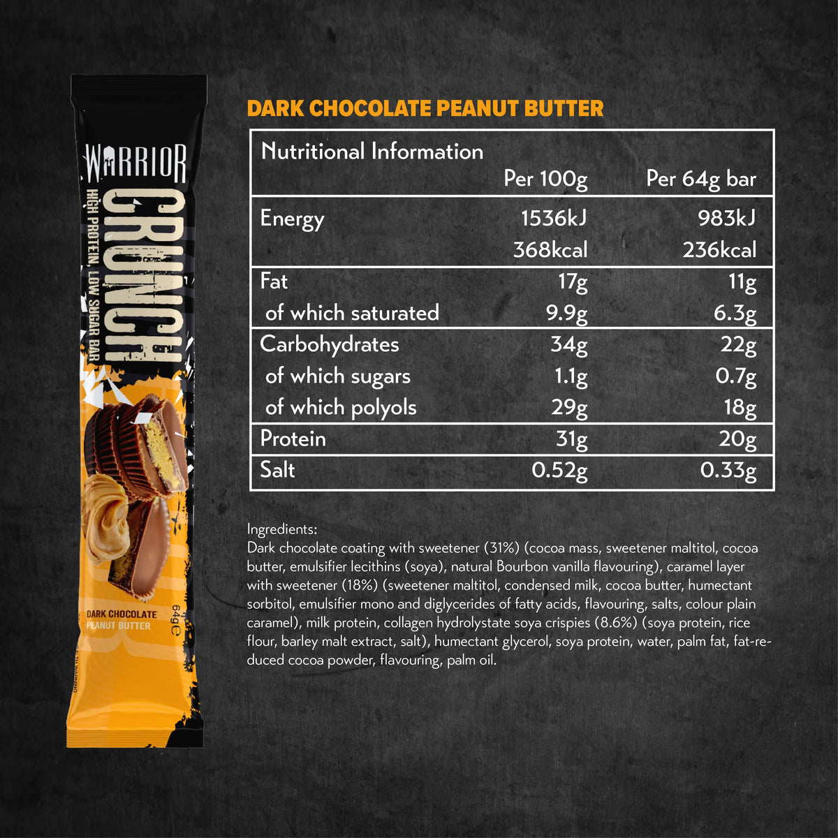 Warrior Crunch protein bar Dark Chocolate Peanut Butter nutrition facts panel — 20g protein, 0.7g sugar per 64g bar
