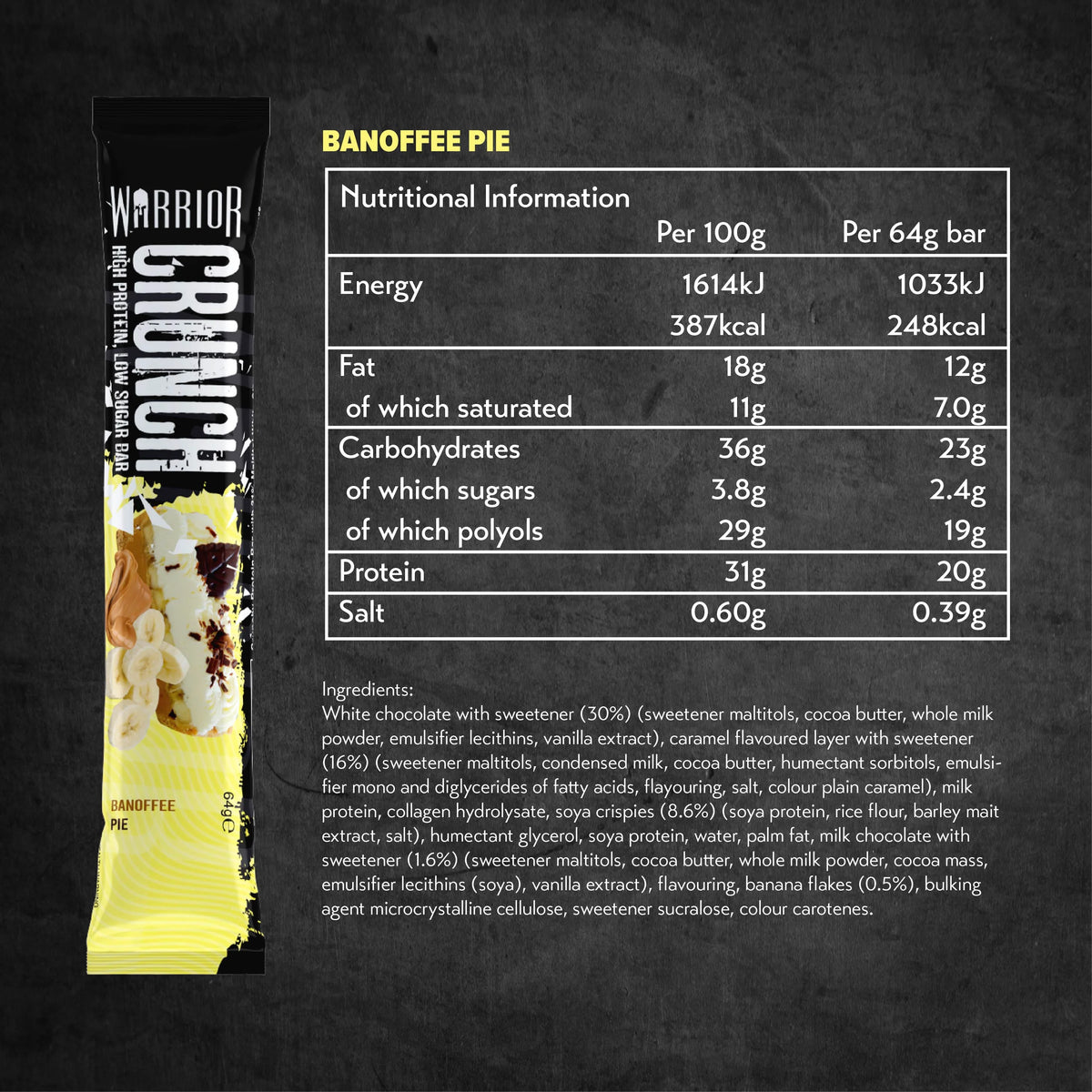 Warrior Crunch protein bar Banoffee Pie nutrition facts panel — 20g protein, 2.4g sugar per 64g bar