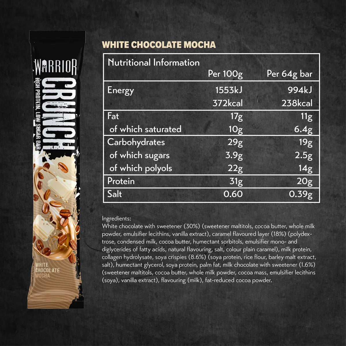 Warrior Crunch protein bar White Chocolate Mocha nutrition facts panel — 20g protein, 2.5g sugar per 64g bar