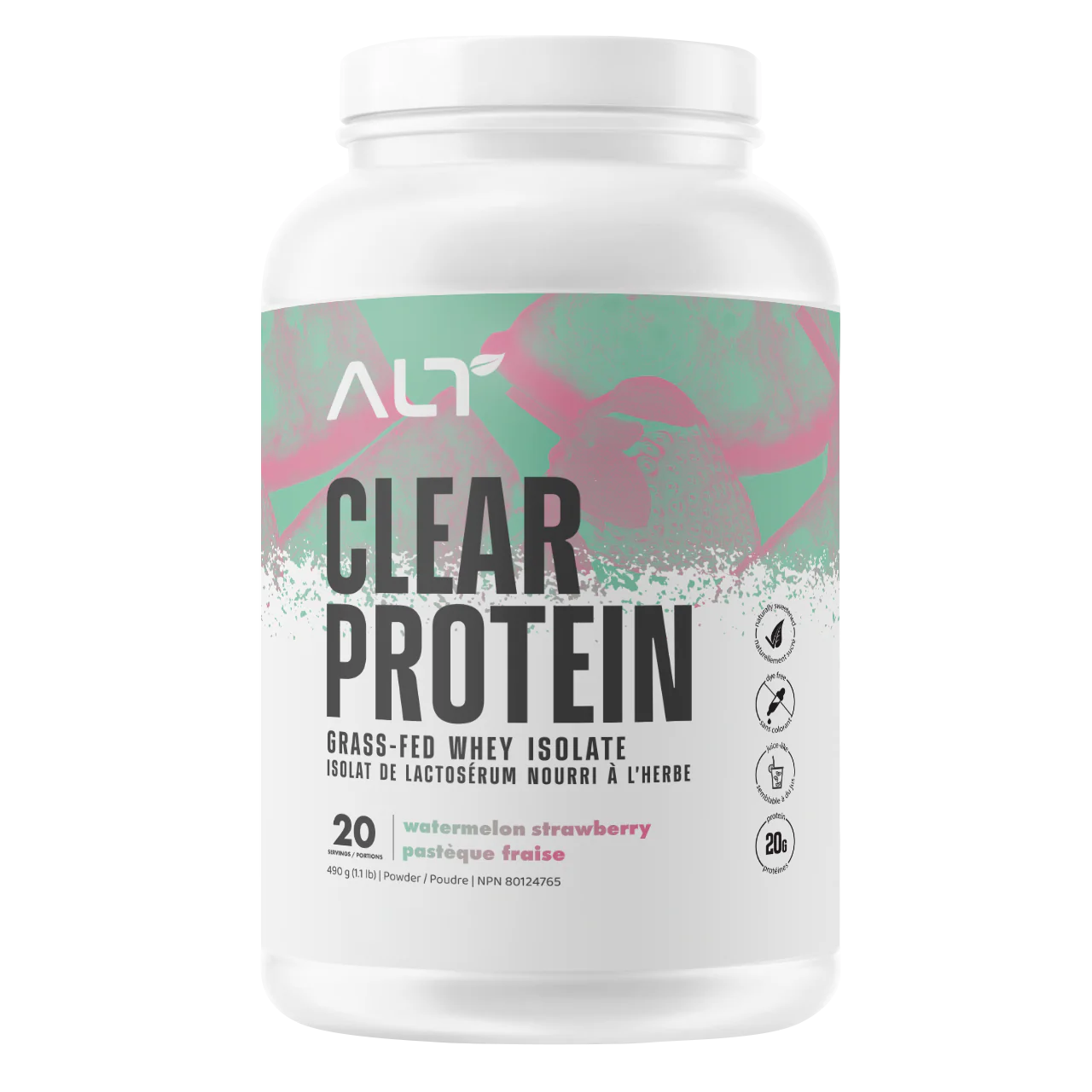 ALT Clear Protein Grass Fed Whey Isolate Watermelon Strawberry — front of 20-serving tub, 20g protein