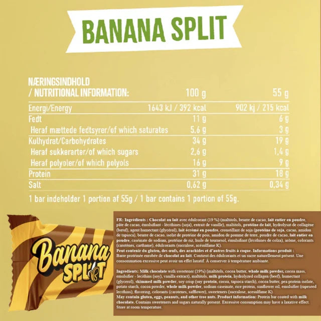 Wispy Banana Split protein bar Nutrition Facts panel, 215 kcal and 16g protein per 55g bar