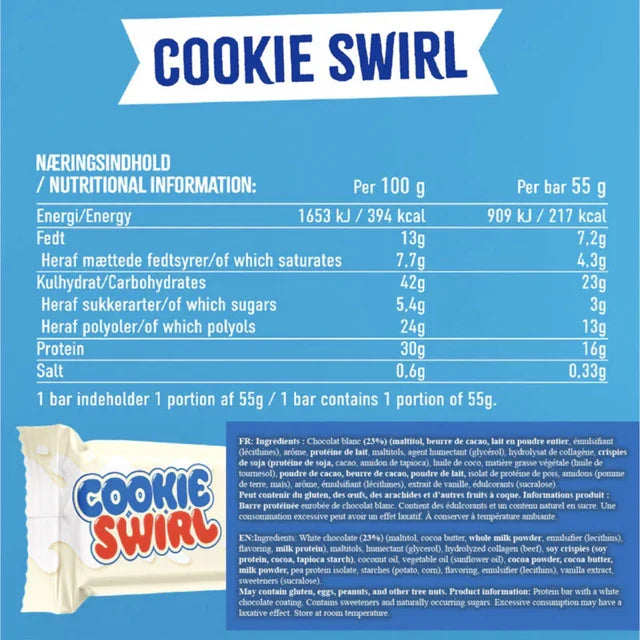 Wispy Cookie Swirl protein bar Nutrition Facts panel, 217 kcal and 16g protein per 55g bar