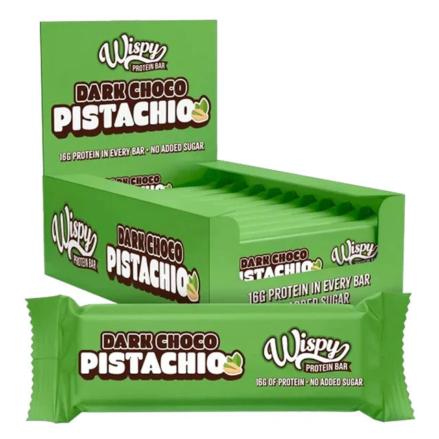 Wispy Dark Choco Pistachio low sugar protein bar, box of 10 with wrapped bar, 16g protein
