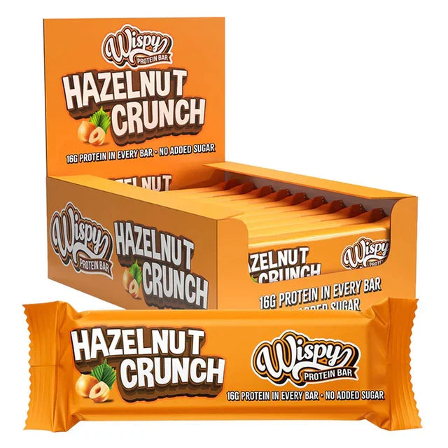 Wispy Hazelnut Crunch low sugar protein bar, box of 10 with wrapped bar, 16g protein per bar