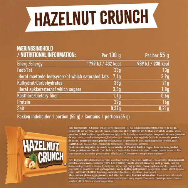 Wispy Hazelnut Crunch protein bar Nutrition Facts panel, 238 kcal and 16g protein per 55g bar