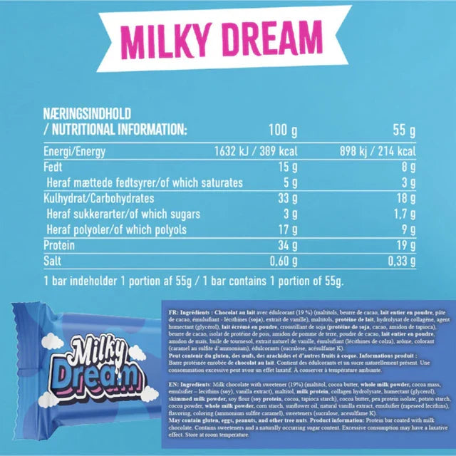 Wispy Milky Dream protein bar Nutrition Facts panel, 214 kcal and 19g protein per 55g bar