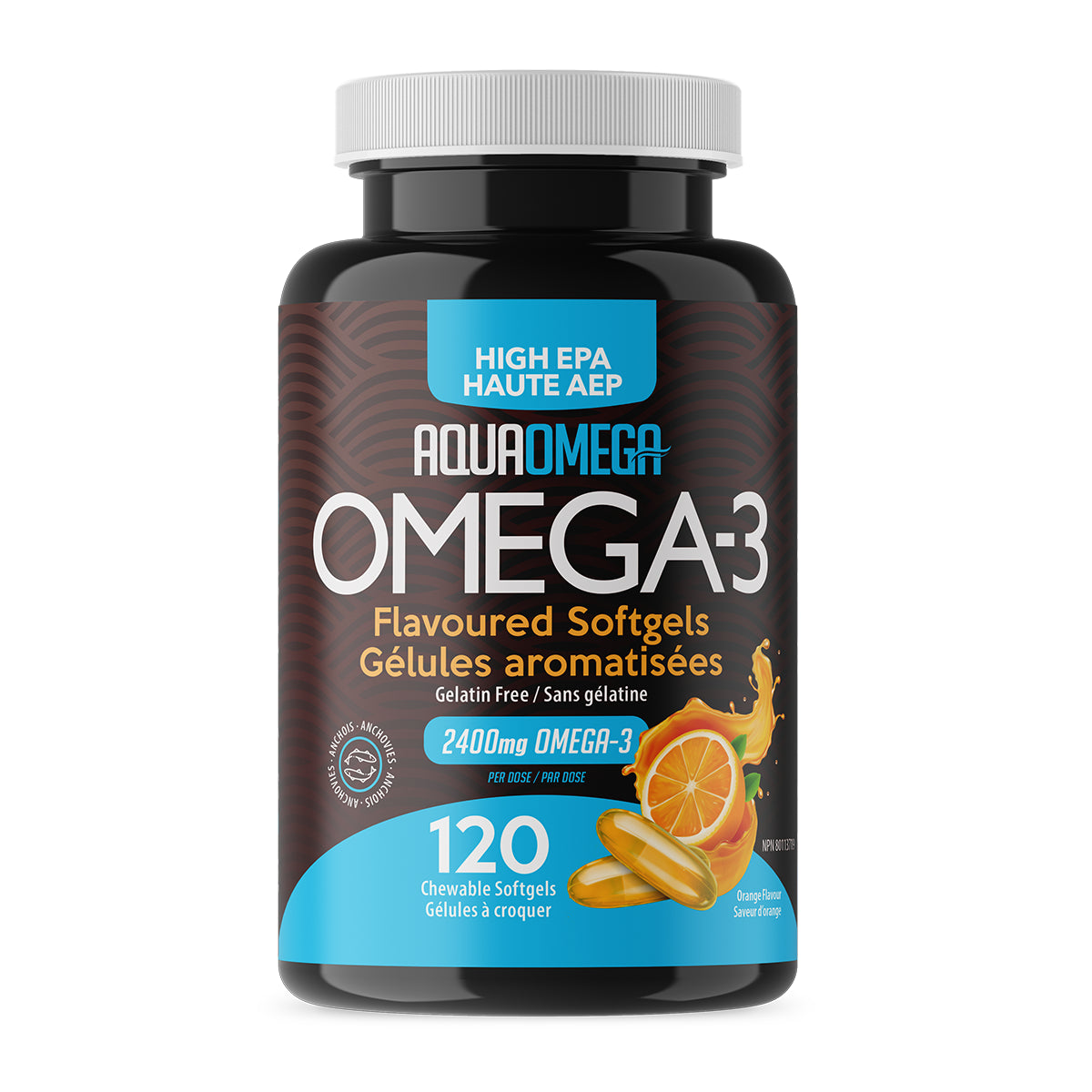 Aqua Omega-3 Fish Oil Chewables (120 Chewable Softgels), Orange flavour, retail bottle