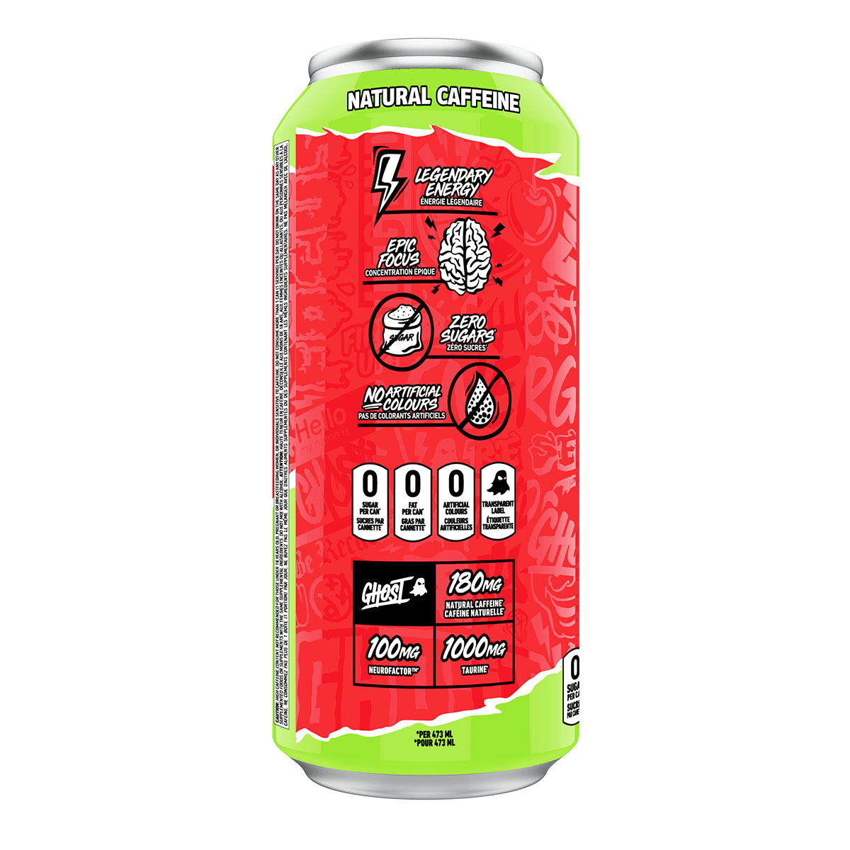 GHOST Energy Drink Cherry Limeade can, side panel with natural caffeine, carnitine and zero sugar