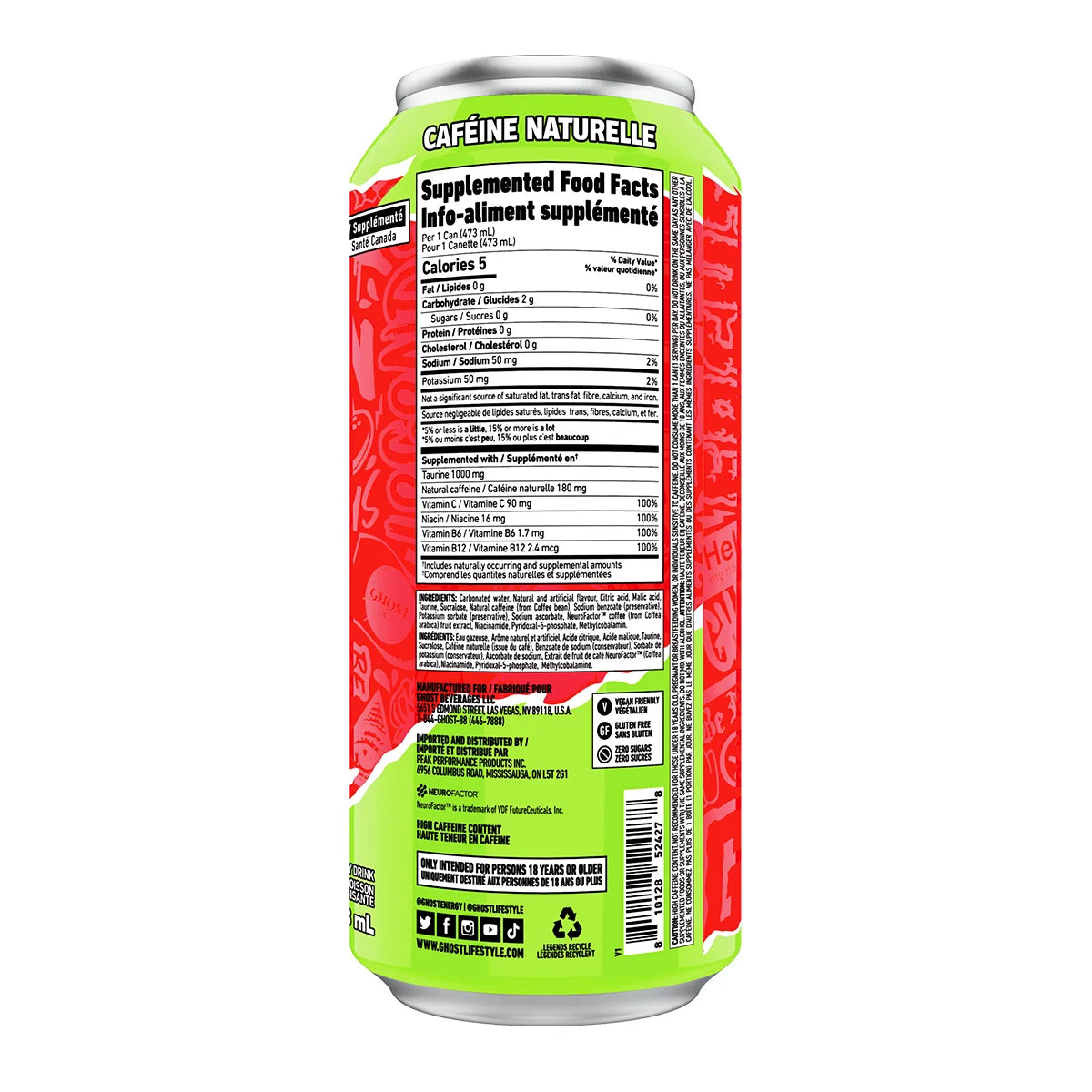 GHOST Energy Canada Cherry Limeade — bilingual Supplemented Food Facts label, 473 mL can