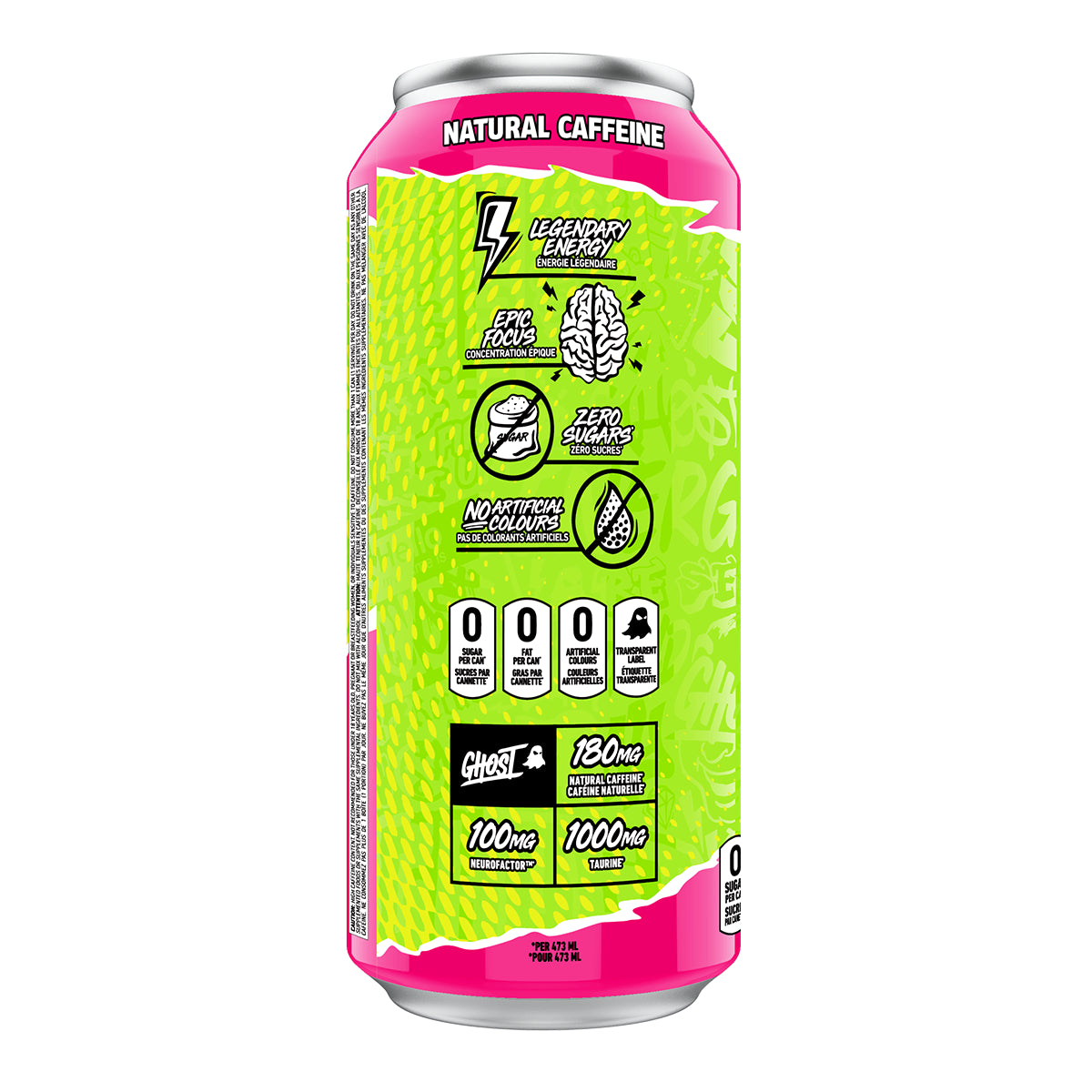 GHOST Energy Drink Warheads Sour Watermelon can, side panel with natural caffeine and carnitine