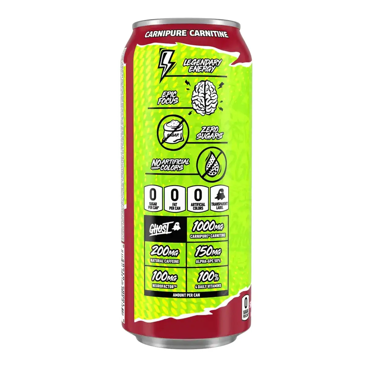 GHOST Energy Drink Warheads Sour Black Cherry can, side panel with natural caffeine and carnitine