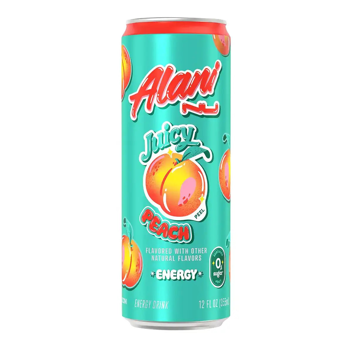 Alani Nu Juicy Peach Energy Drink, zero sugar, 200mg caffeine, 10 calories per 355 mL can