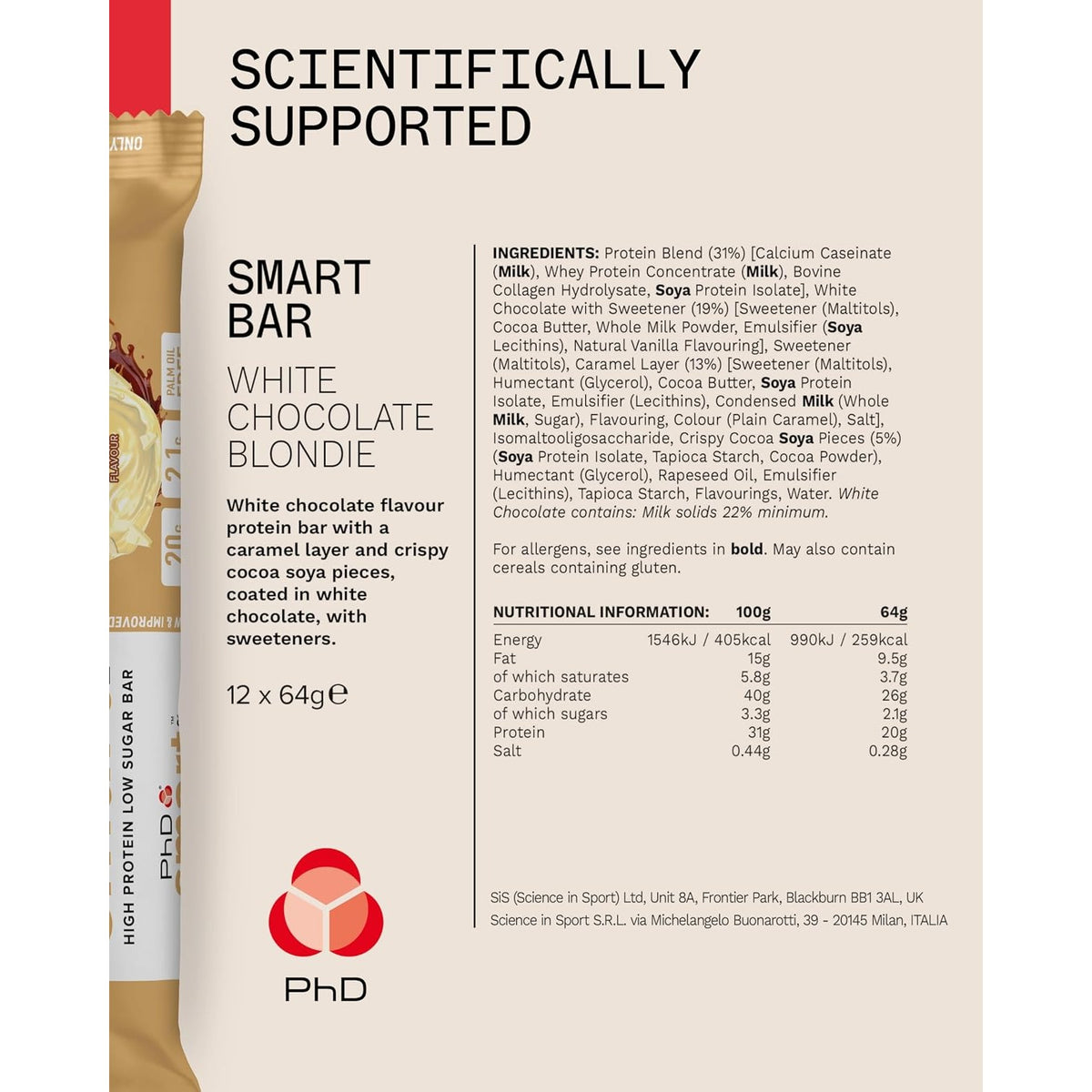 PhD Smart White Chocolate Blondie protein bar Nutrition Facts and ingredients panel, 12 x 64g