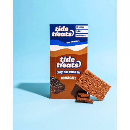Tide Treats Chocolate Crispy Rice Protein Bar — box and unwrapped bar with chocolate pieces, gluten-free snack
