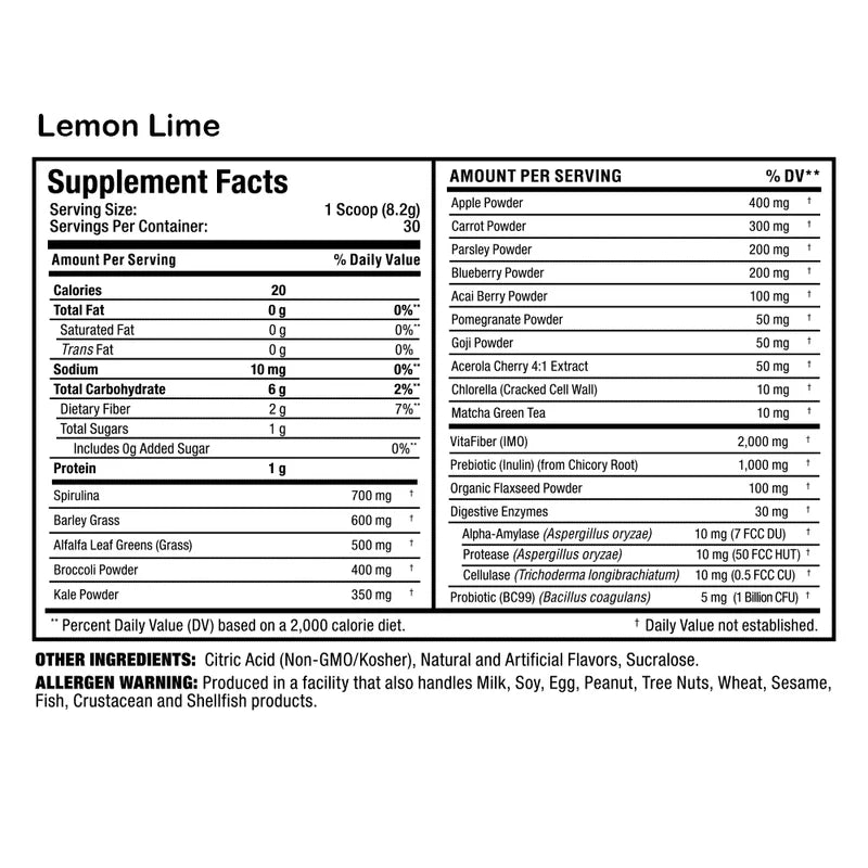 Allmax Allgreens+ Lemon-Lime Supplement Facts — per-ingredient mg breakdown: Spirulina 700mg, Barley Grass 600mg