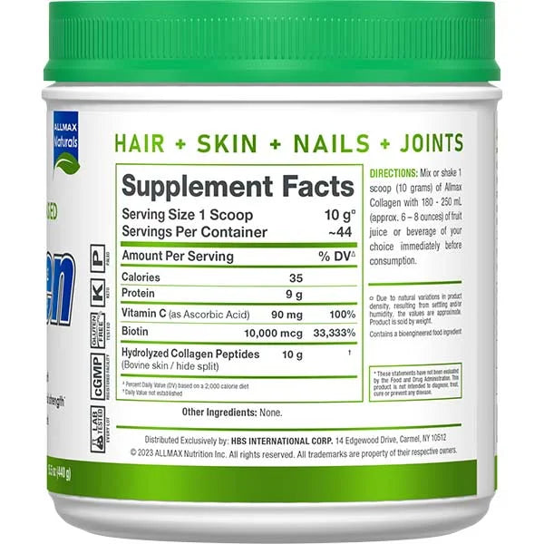 Allmax Collagen Peptides Powder Supplement Facts label