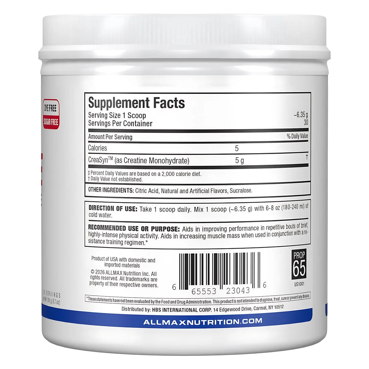 Allmax Nutrition Flavored Creatine Monohydrate Powder Supplement Facts label