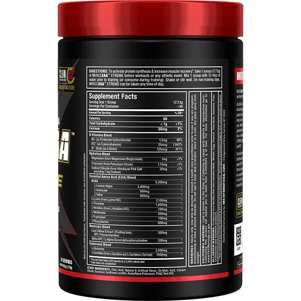 Allmax Nutrition MusclEAA Xtreme BCAAs + EAAs Powder Supplement Facts label