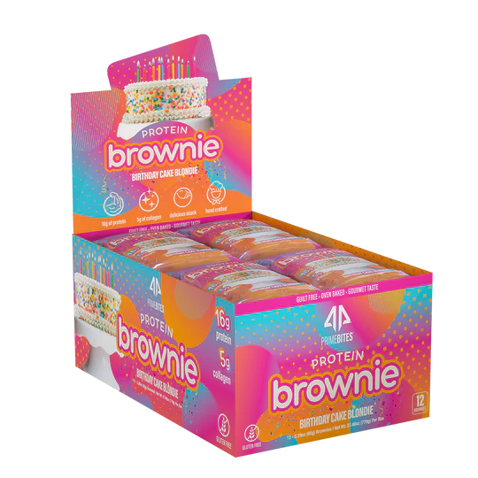 AP Prime Bites Protein Brownie (1 box of 12) Protein Snacks Birthday Cake Blondie Alpha Prime