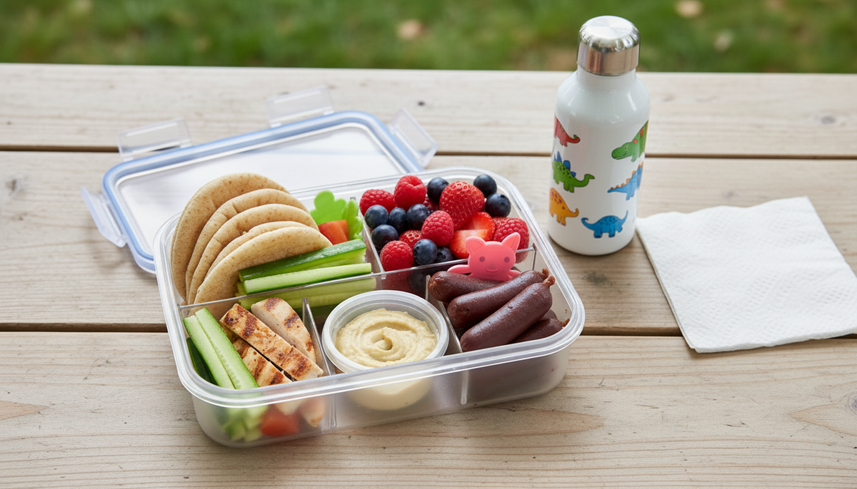 BUFF Buckaroos mini bison sausages packed in a kids bento lunchbox with fruit, pita and veggies