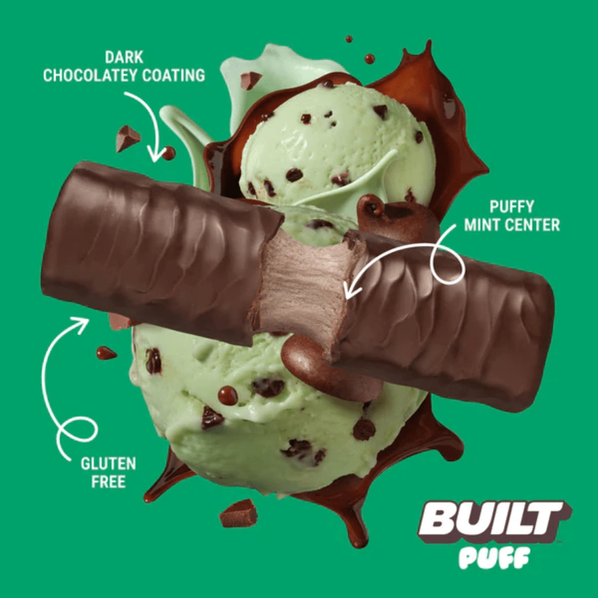 Built Puffs Mint Chip chocolate-coated protein puff bar — light and airy, 17g protein, low sugar