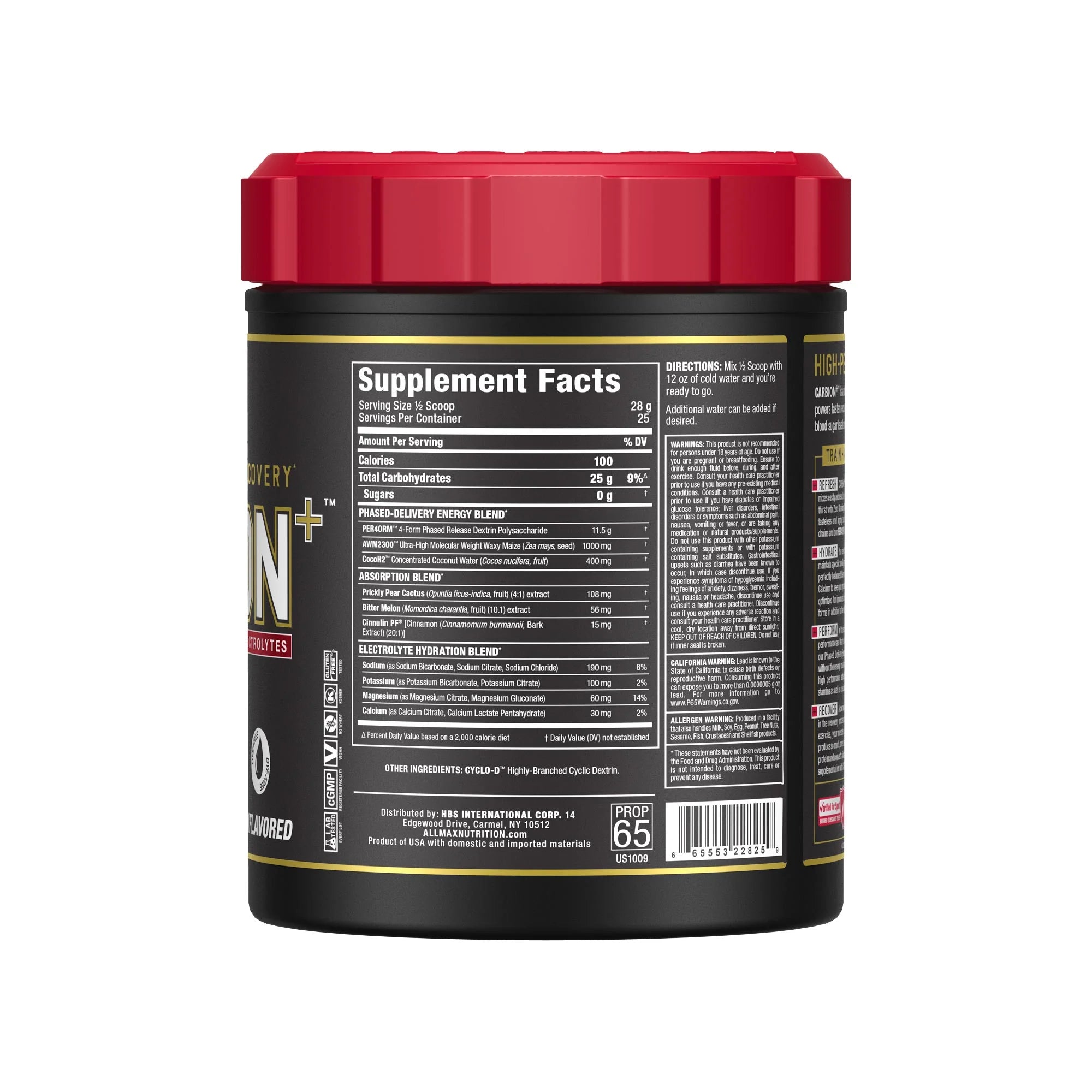 Supplement Facts panel — Allmax CARBION+ Unflavored carb & electrolyte powder, 25 servings, 100 calories