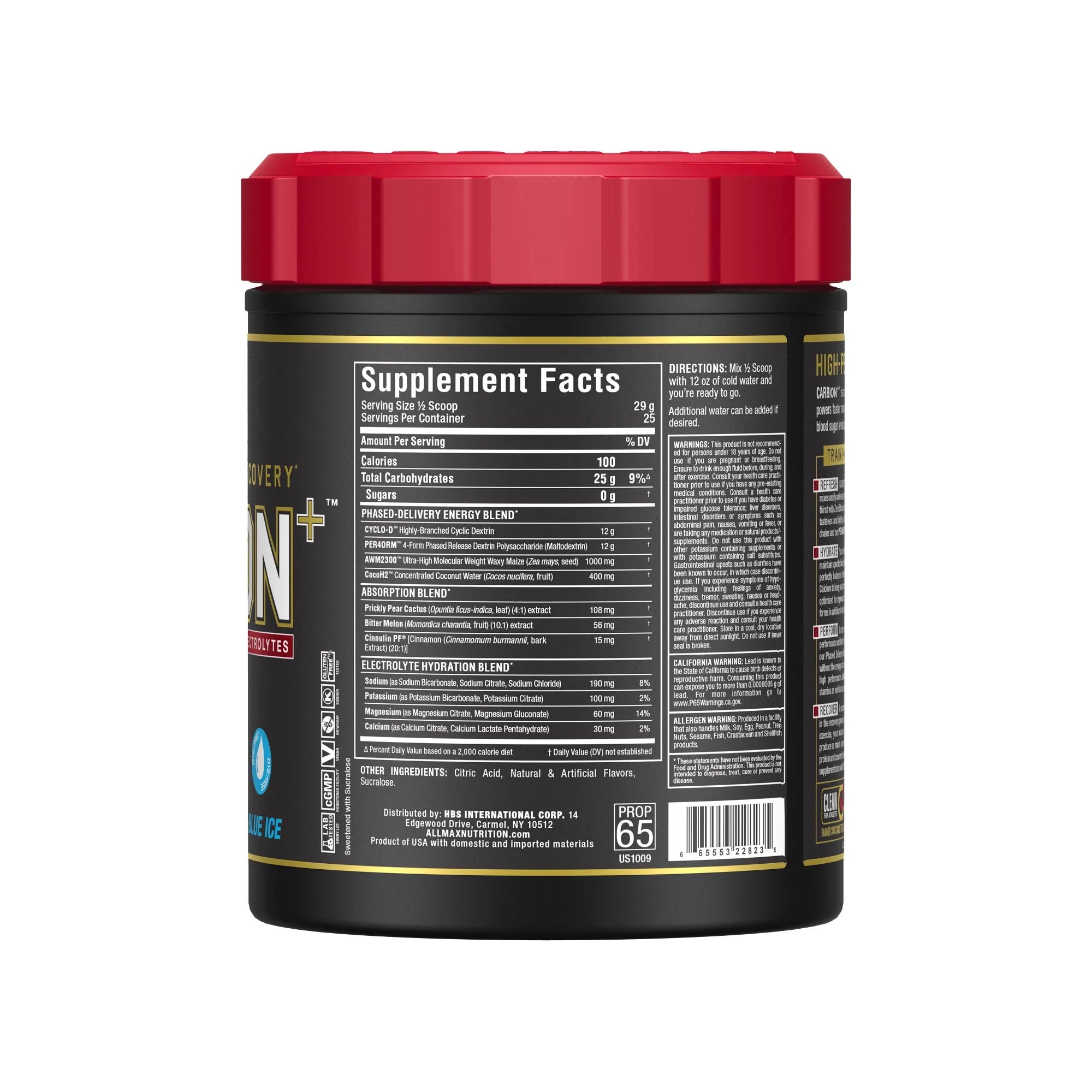 Supplement Facts panel — Allmax CARBION+ Blue Ice carb & electrolyte powder, 25 servings, 0g sugar