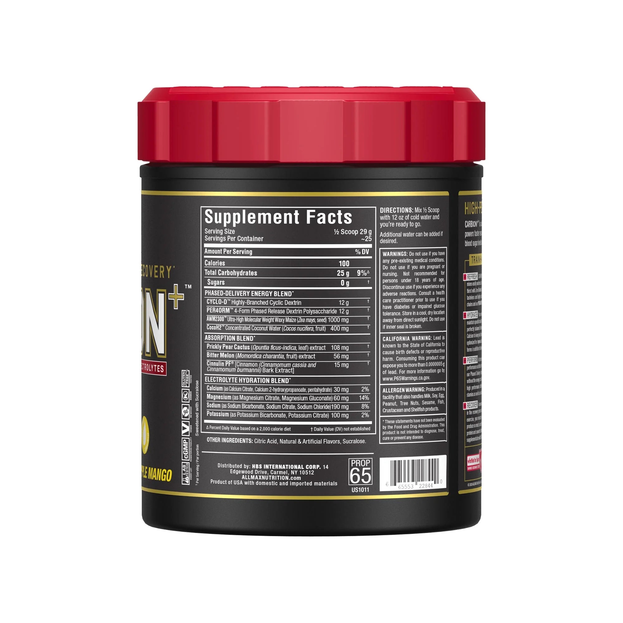 Supplement Facts panel — Allmax CARBION+ Pineapple Mango carb & electrolyte powder, 25 servings, 0g sugar