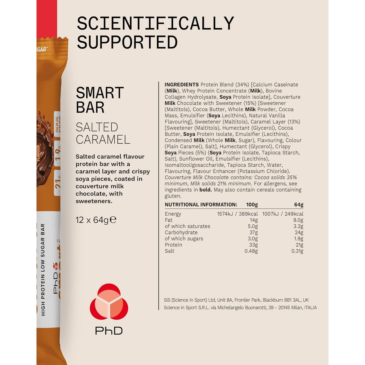 PhD Smart Salted Caramel protein bar Nutrition Facts and ingredients panel, 12 x 64g
