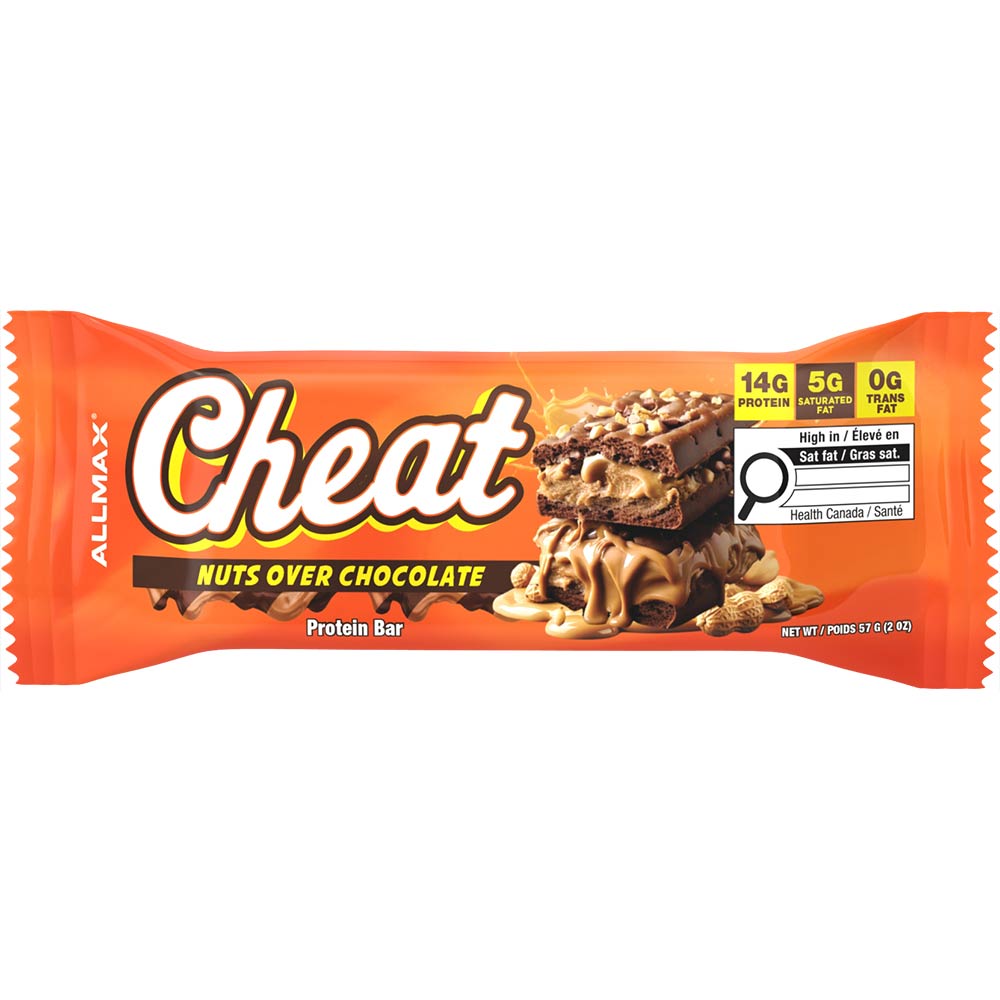 Allmax Cheat Bar Nuts Over Chocolate 58 g protein snack bar, front of the single wrapper
