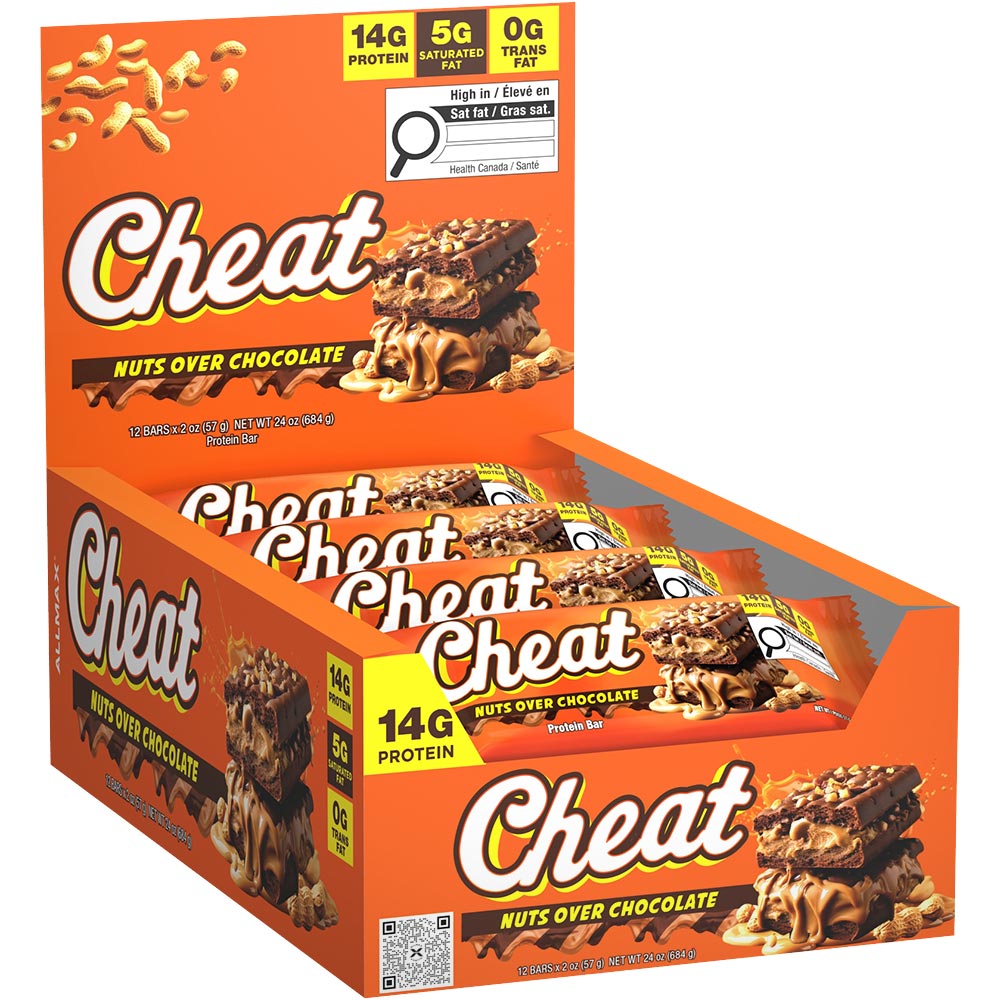 Allmax Cheat Bar Nuts Over Chocolate protein bars shown beside the retail tray of 12 bars