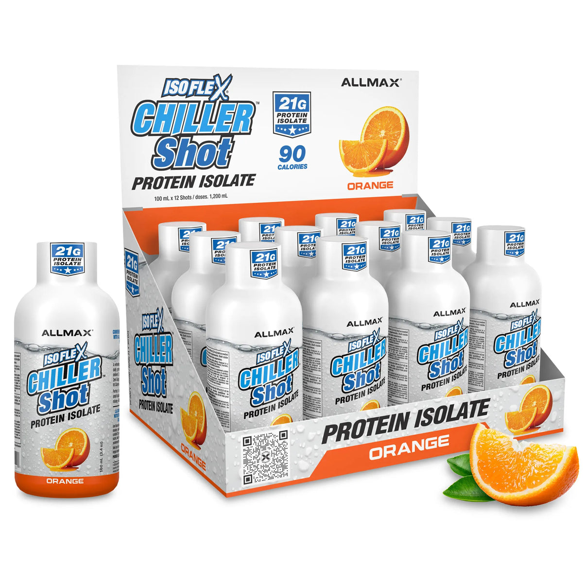Allmax Isoflex Chiller Protein Shot Orange — 100 ml bottle beside its 12-shot display tray on white