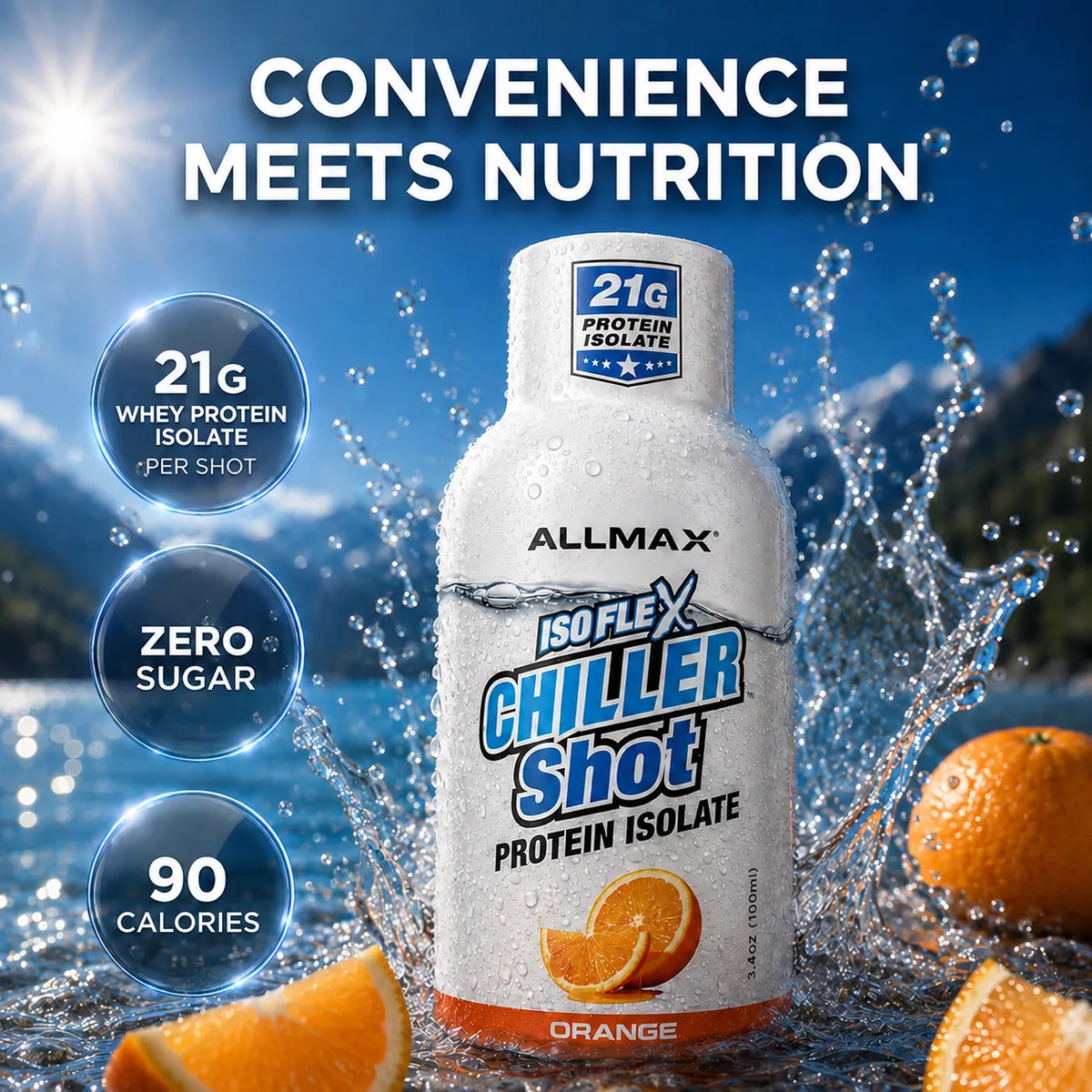 Allmax Isoflex Chiller Protein Shot Orange — 100 ml bottle splashing in water with fresh orange slices