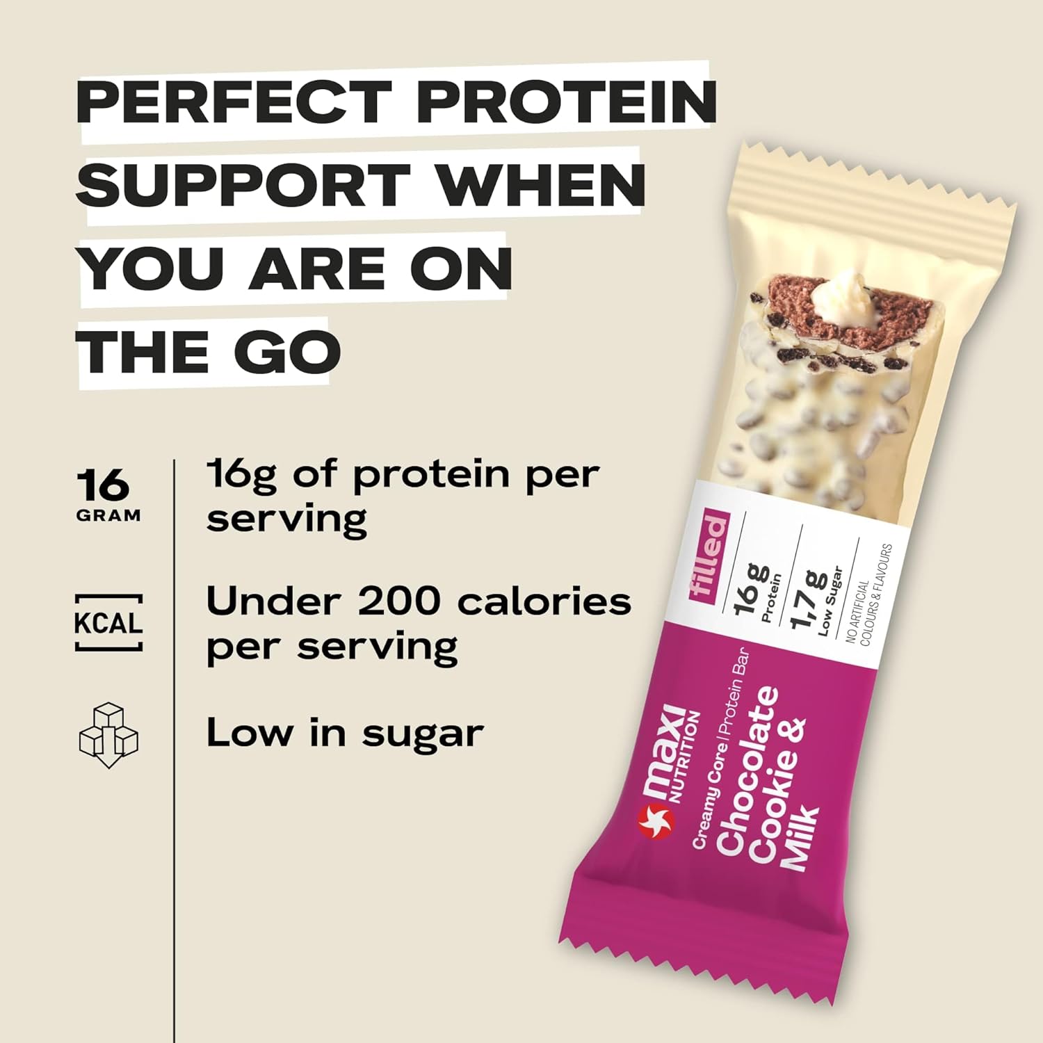 Maxi Creamy Core Protein Bar Chocolate Cookie and Milk — 16g protein, under 200 calories, low sugar