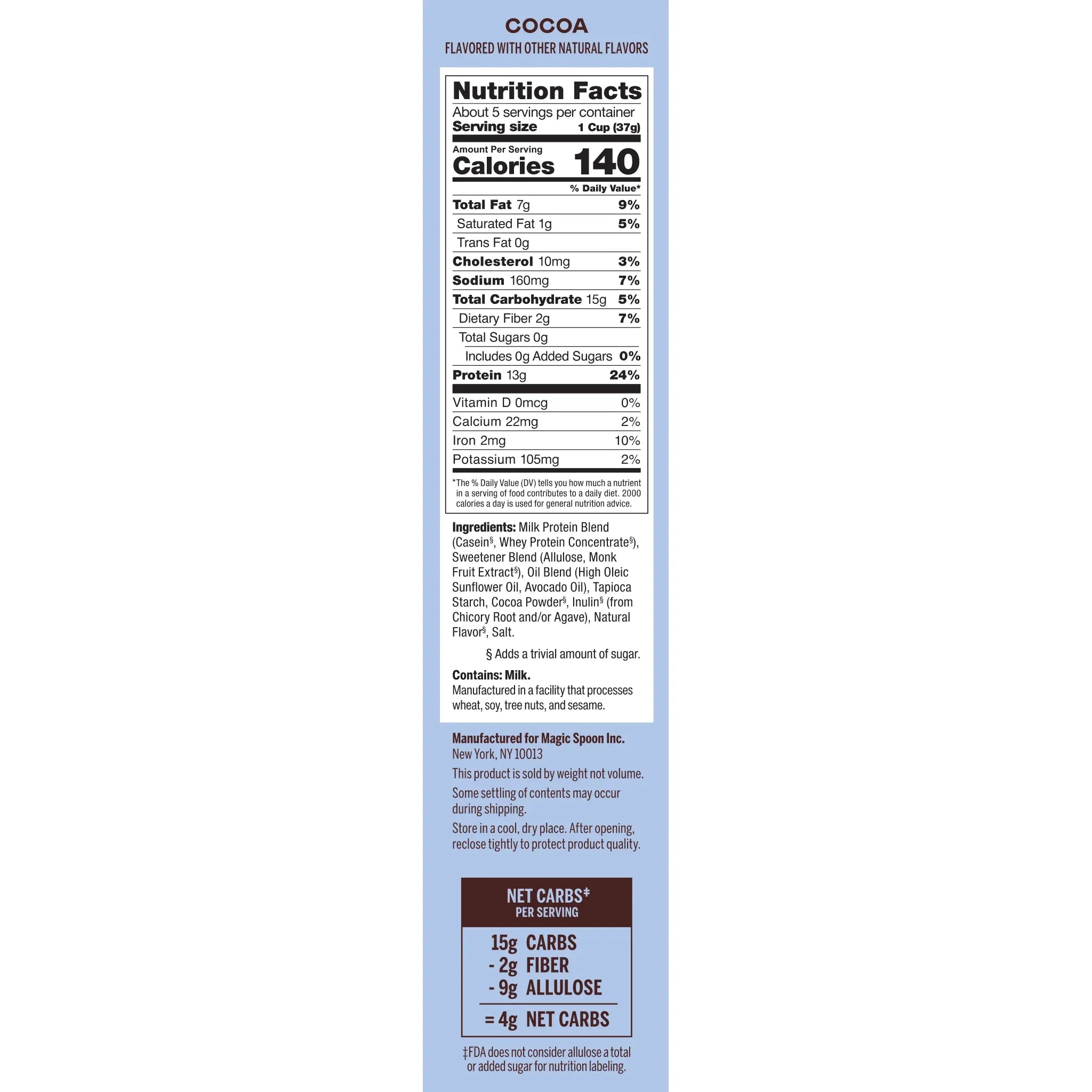 Magic Spoon Keto Protein Cereal Nutrition Facts panel — 13g protein, 4g net carbs