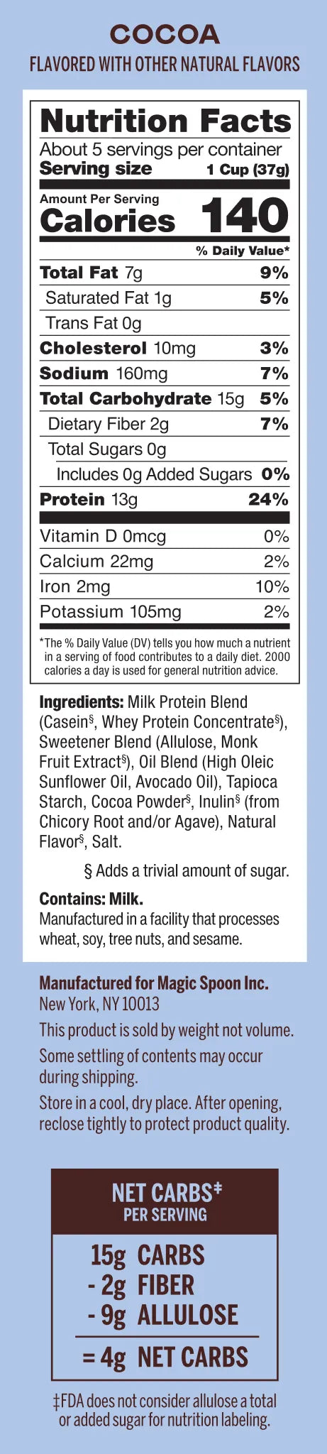 Magic Spoon Keto Protein Cereal Nutrition Facts panel — 13g protein, 4g net carbs