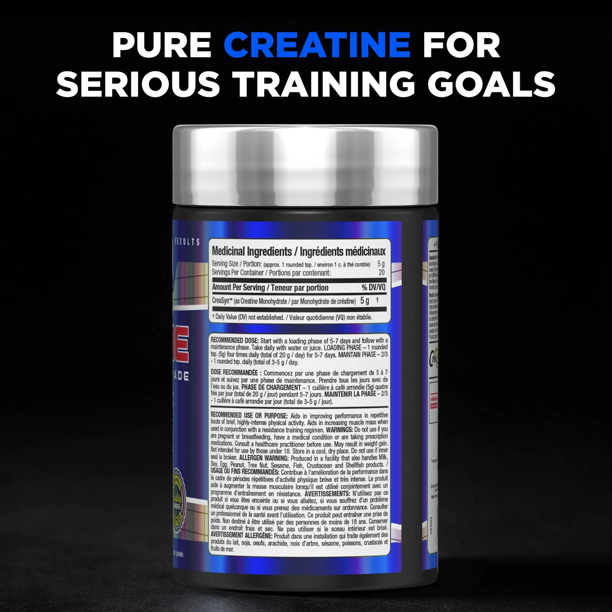 Allmax Creatine Monohydrate Unflavored Nutrition Facts panel — back label of the 100 g tub on dark background