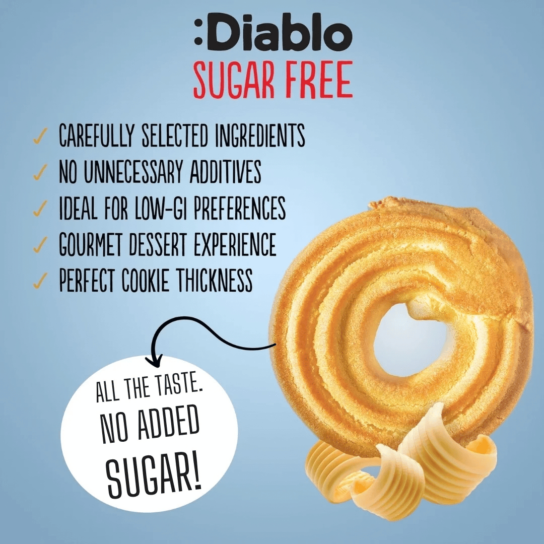 Diablo No Added Sugar Butter Cookies, all the taste without the sugar, golden ring-shaped butter biscuit feature graphic