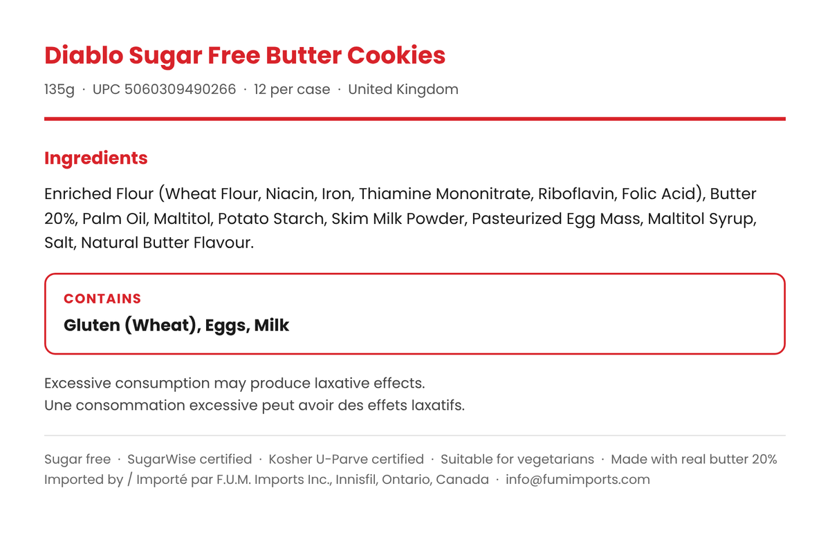 Diablo No Added Sugar Butter Cookies ingredients list panel with full allergen information