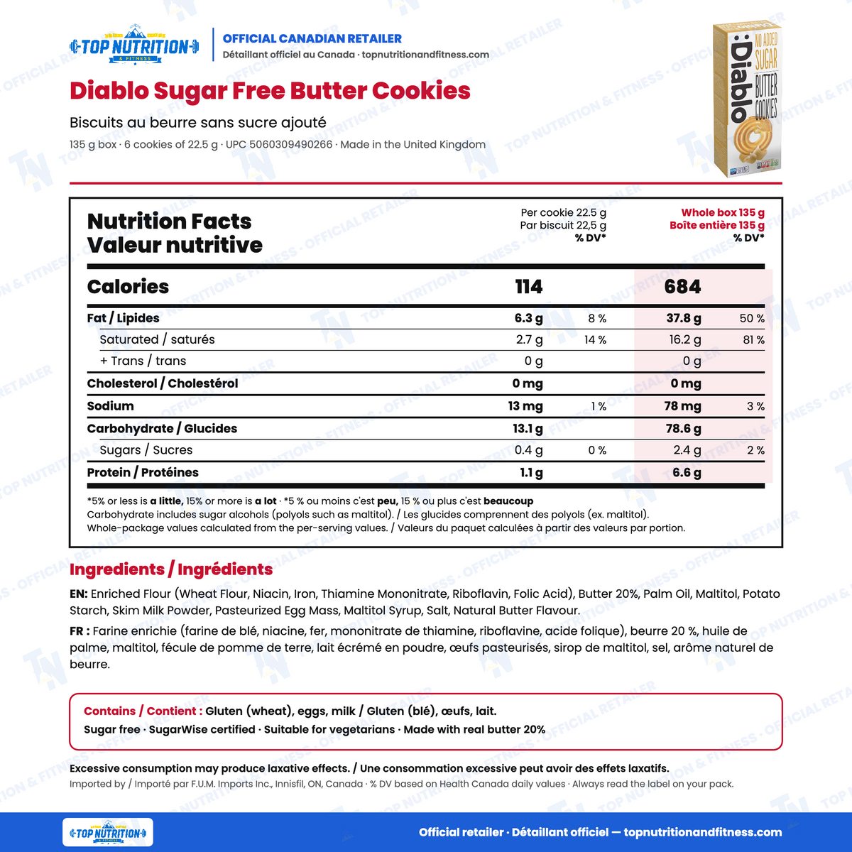 Diablo Sugar Free Butter Cookies nutrition facts per 22.5 g cookie vs whole 135 g box of 6 (114 vs 684 calories) with English and French ingredients and allergens – Top Nutrition & Fitness official Canadian retailer