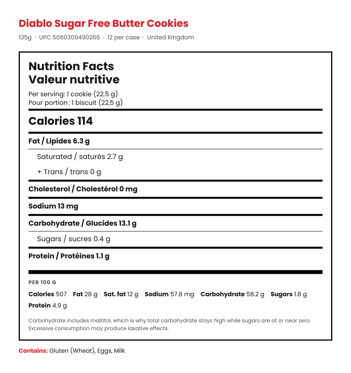 Diablo No Added Sugar Butter Cookies Nutrition Facts panel showing calories, fat, carbs and protein