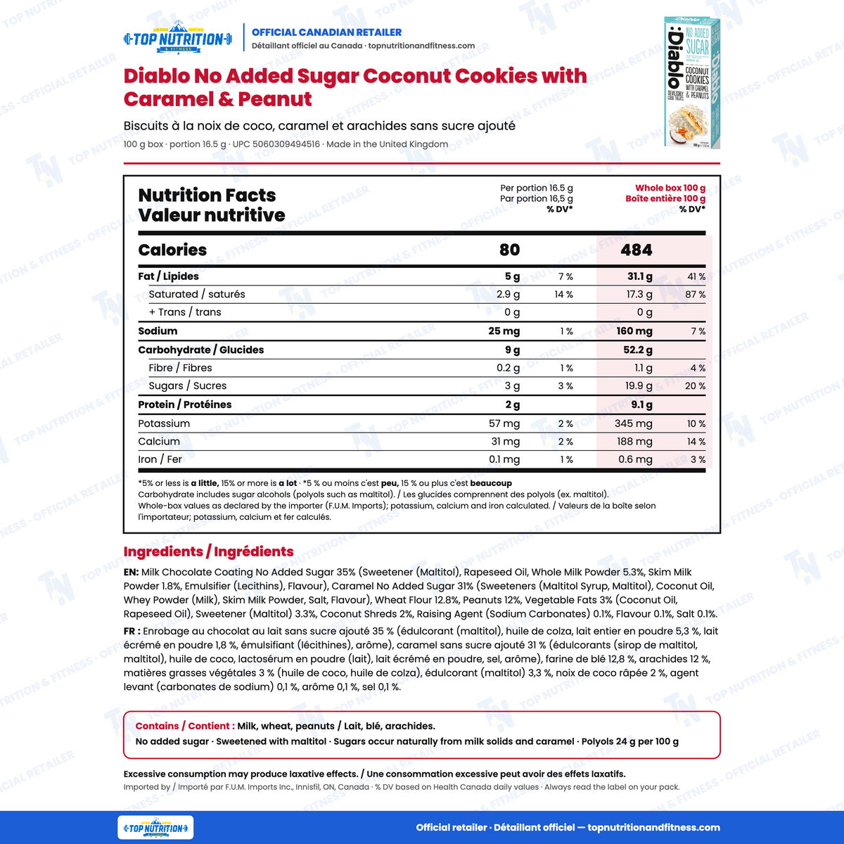 Diablo No Added Sugar Coconut Cookies with Caramel and Peanut nutrition facts per 16.5 g portion vs whole 100 g box (80 vs 484 calories) with English and French ingredients and allergens – Top Nutrition & Fitness official Canadian retailer