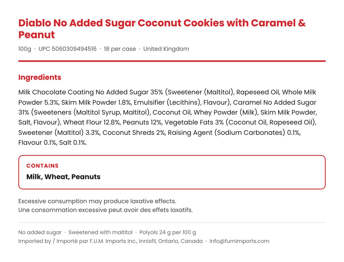 Diablo Coconut Cookies with Caramel and Peanuts ingredients list and allergen panel