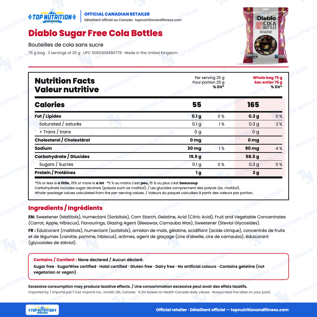 Diablo Sugar Free Cola Bottles nutrition facts per 25 g serving vs whole 75 g bag (55 vs 165 calories, 0.1 g sugar) with English and French ingredients and allergens – Top Nutrition & Fitness official Canadian retailer