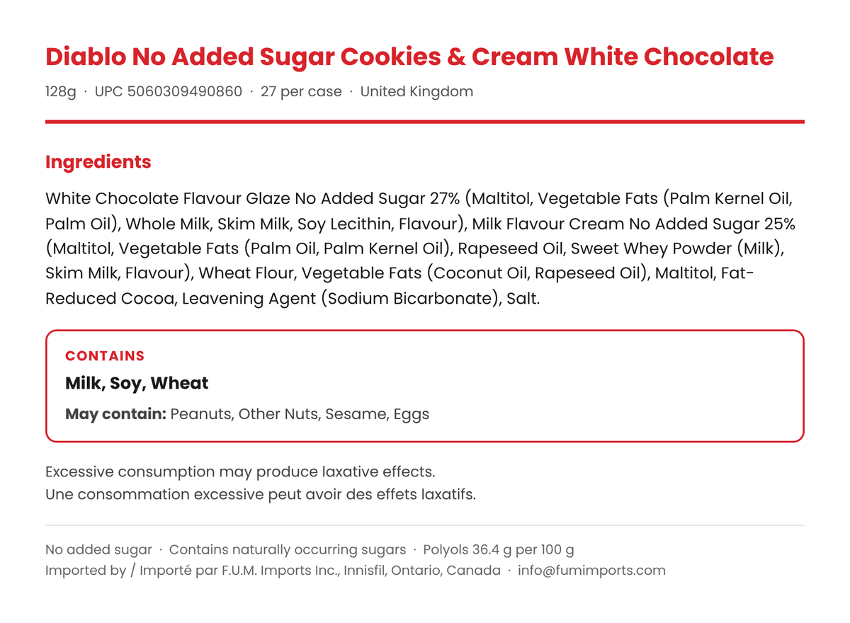 Diablo White Chocolate Cookies and Cream ingredients list with allergen and may-contain info