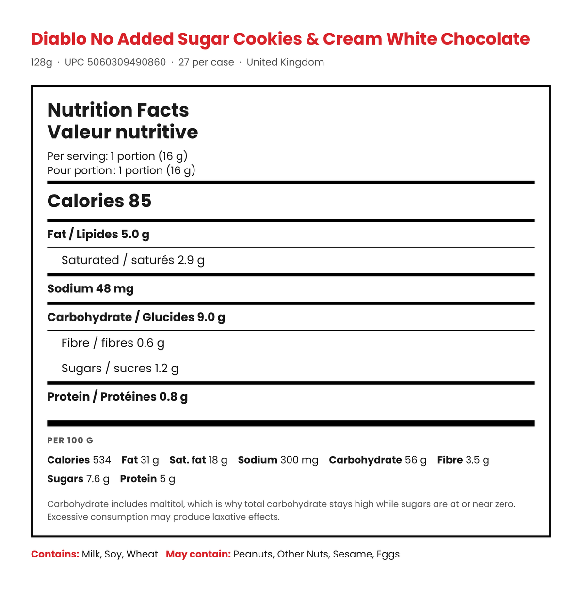 Diablo White Chocolate Cookies and Cream Nutrition Facts panel with calories, fat, carbs and sugars