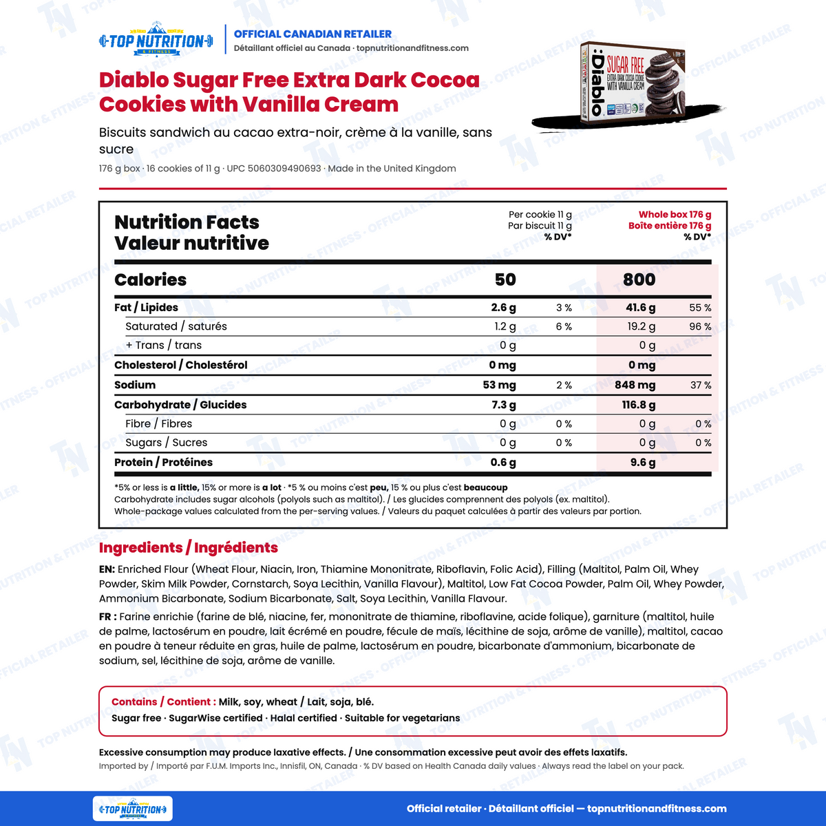 Diablo Sugar Free Extra Dark Cocoa Cookies with Vanilla Cream nutrition facts per 11 g cookie vs whole 176 g box of 16 (50 vs 800 calories, 0 g sugars) with English and French ingredients and allergens – Top Nutrition & Fitness official Canadian retailer